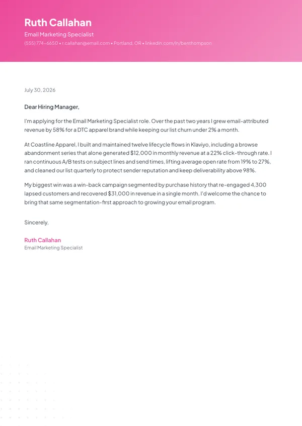 Email Marketing Specialist cover letter example — full one-page sample