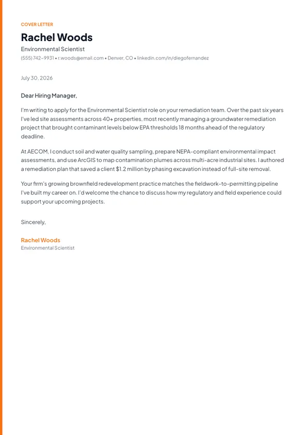 Environmental Scientist cover letter example — full one-page sample