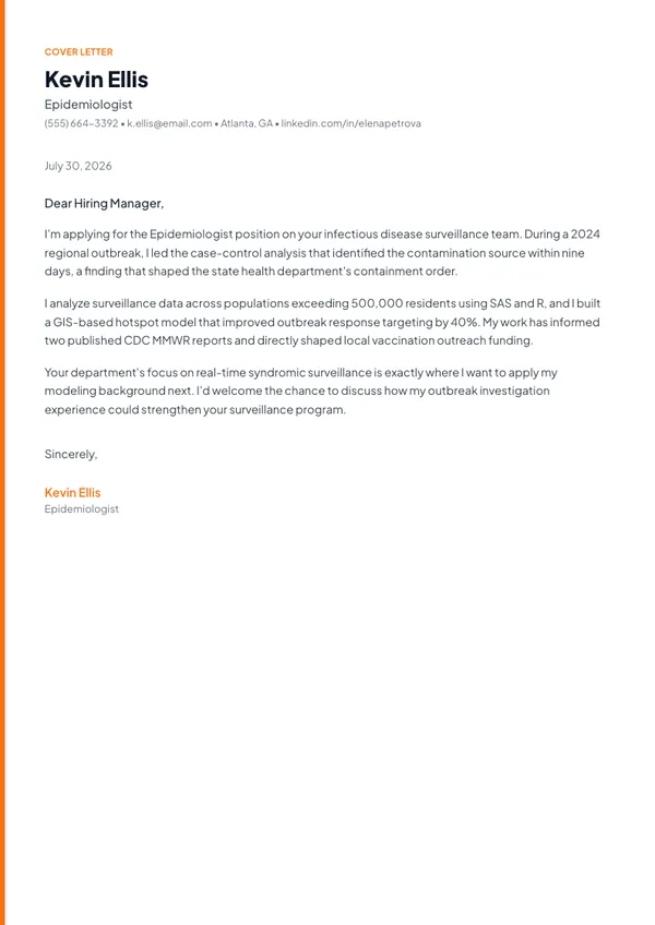 Epidemiologist cover letter example — full one-page sample
