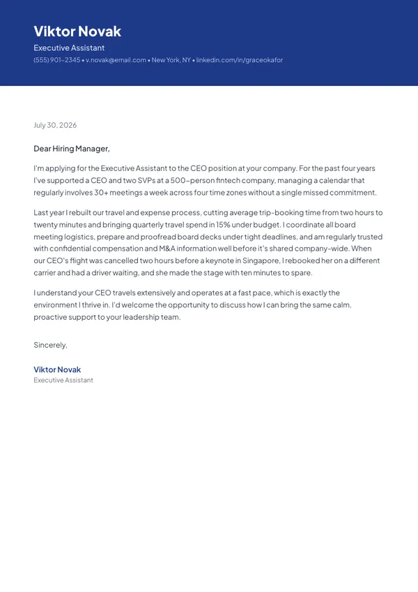Executive Assistant cover letter example — full one-page sample