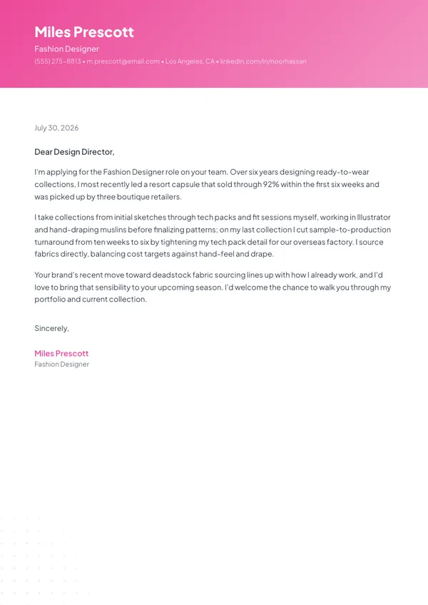 Fashion Designer cover letter example — full one-page sample
