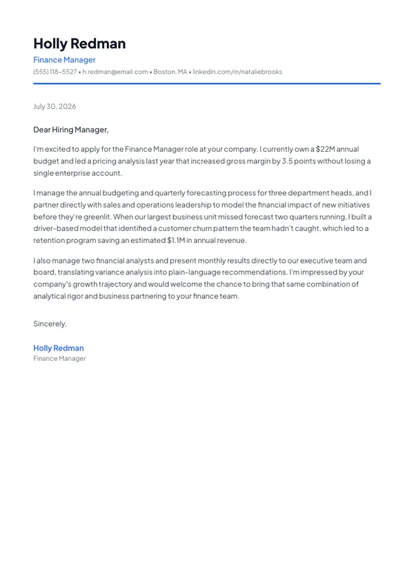 Finance Manager cover letter example — full one-page sample