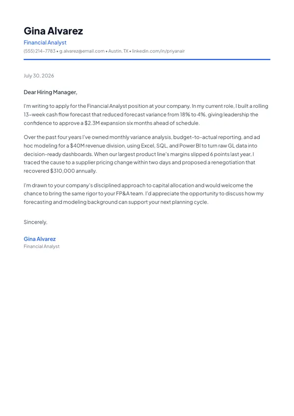 Financial Analyst cover letter example — full one-page sample