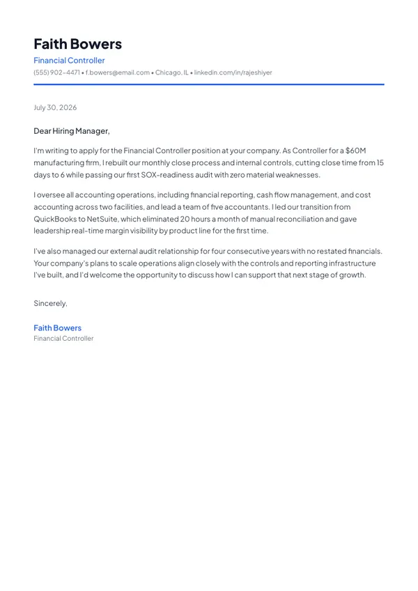 Financial Controller cover letter example — full one-page sample