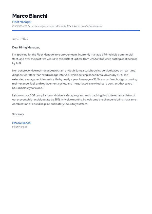Fleet Manager cover letter example — full one-page sample