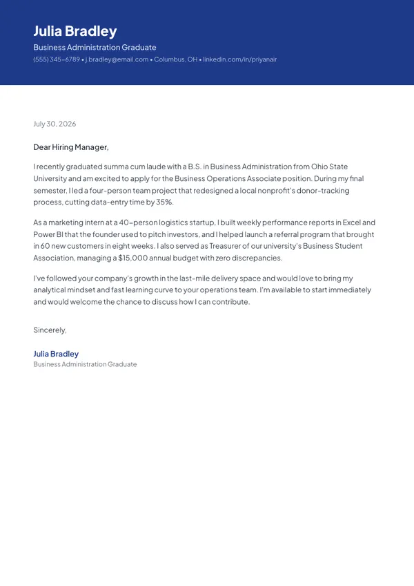 Fresher / Recent Graduate cover letter example — full one-page sample