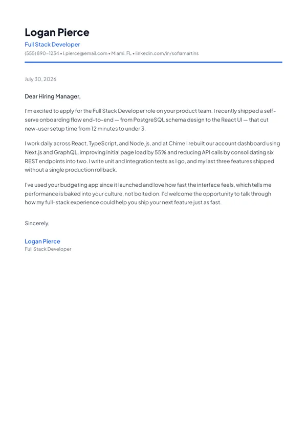 Full Stack Developer cover letter example — full one-page sample