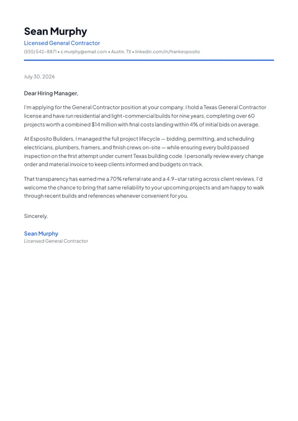 General Contractor cover letter example — full one-page sample