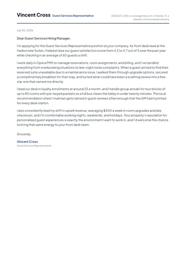 Guest Services Representative cover letter example — full one-page sample