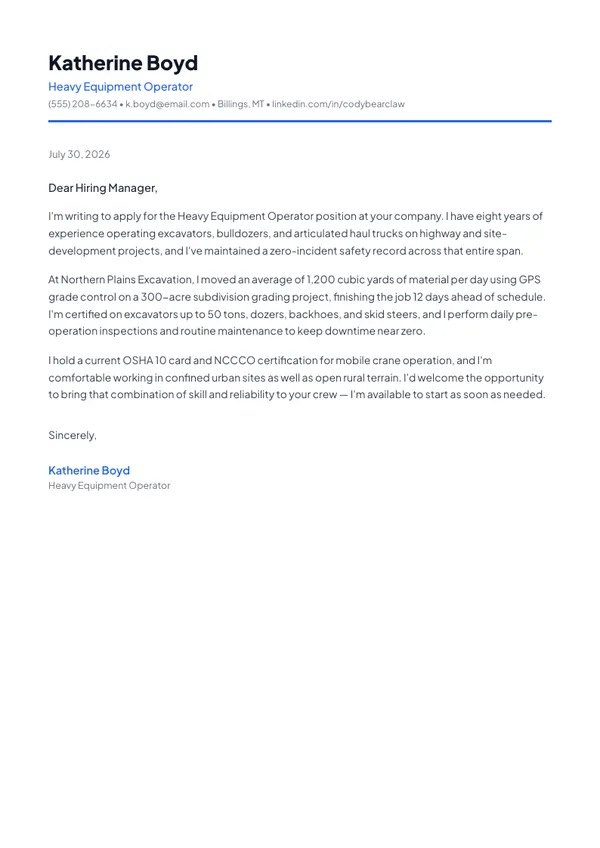 Heavy Equipment Operator cover letter example — full one-page sample