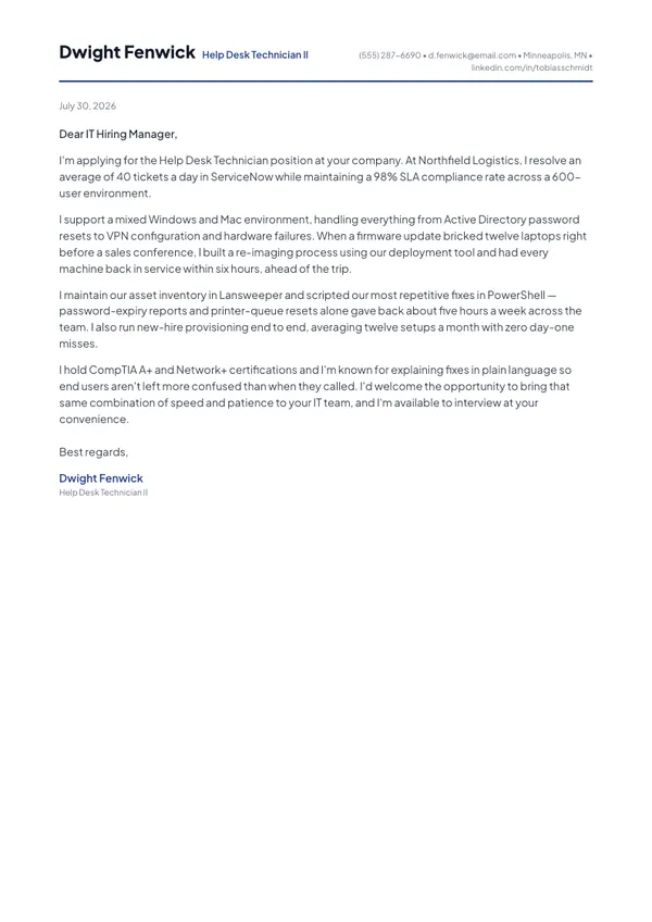 Help Desk Technician cover letter example — full one-page sample