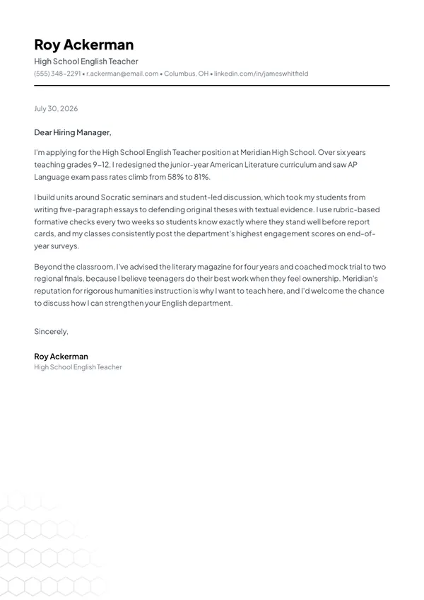 High School Teacher cover letter example — full one-page sample