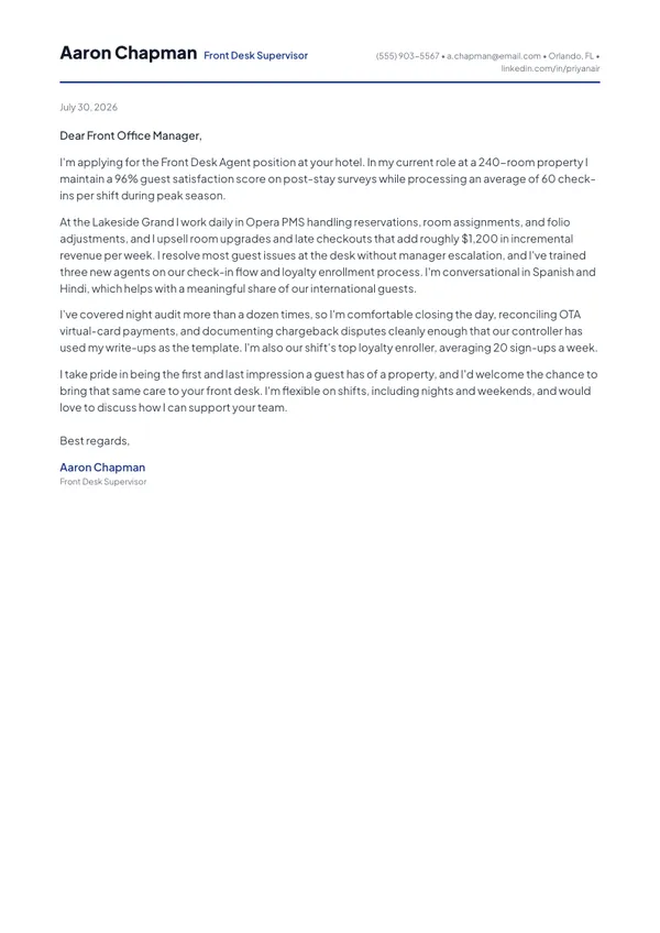 Hotel Front Desk Agent cover letter example — full one-page sample