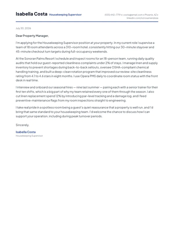 Housekeeping Supervisor cover letter example — full one-page sample