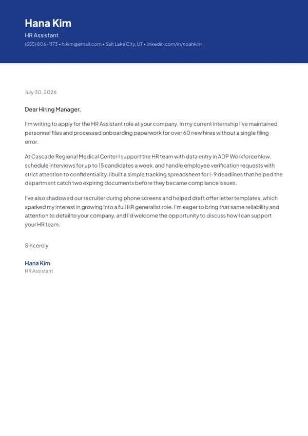 HR Assistant cover letter example — full one-page sample