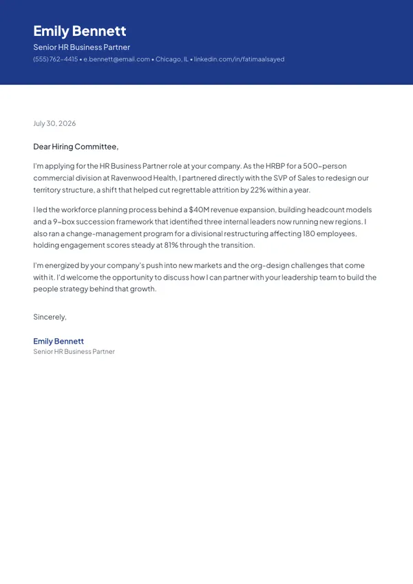 HR Business Partner cover letter example — full one-page sample