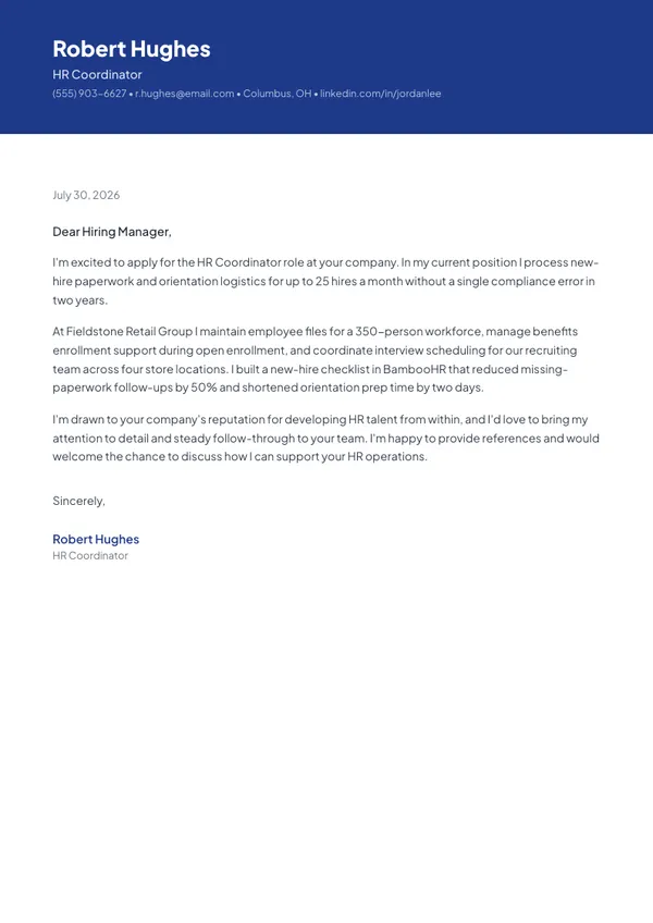 HR Coordinator cover letter example — full one-page sample
