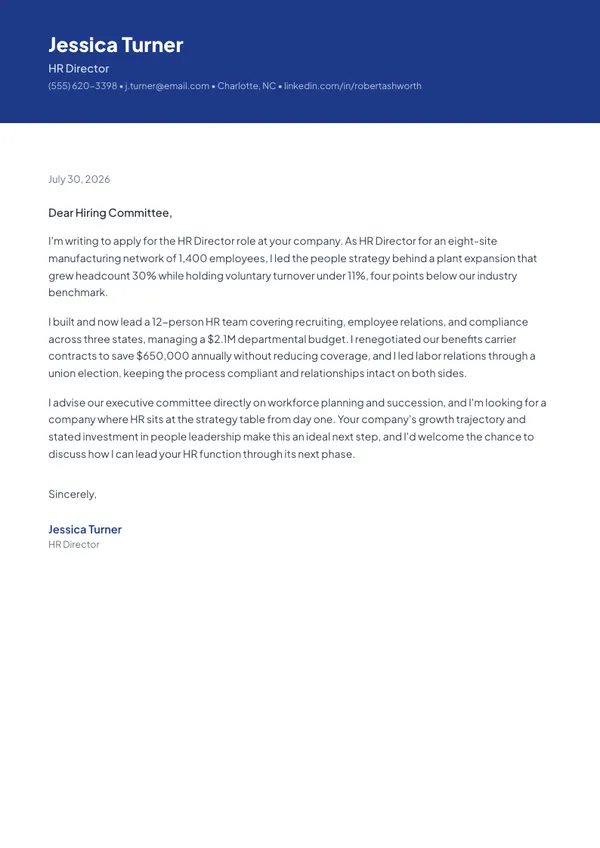 HR Director cover letter example — full one-page sample