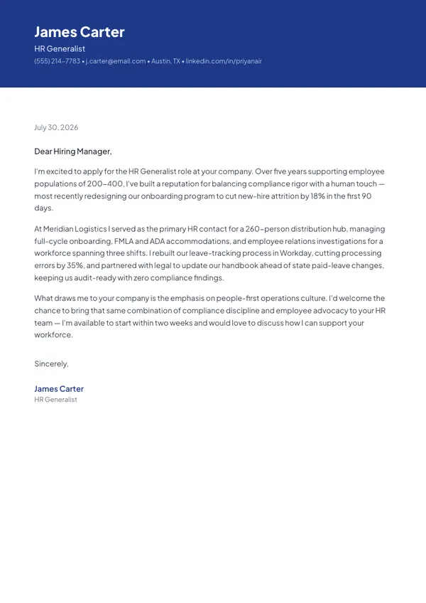 HR Generalist cover letter example — full one-page sample