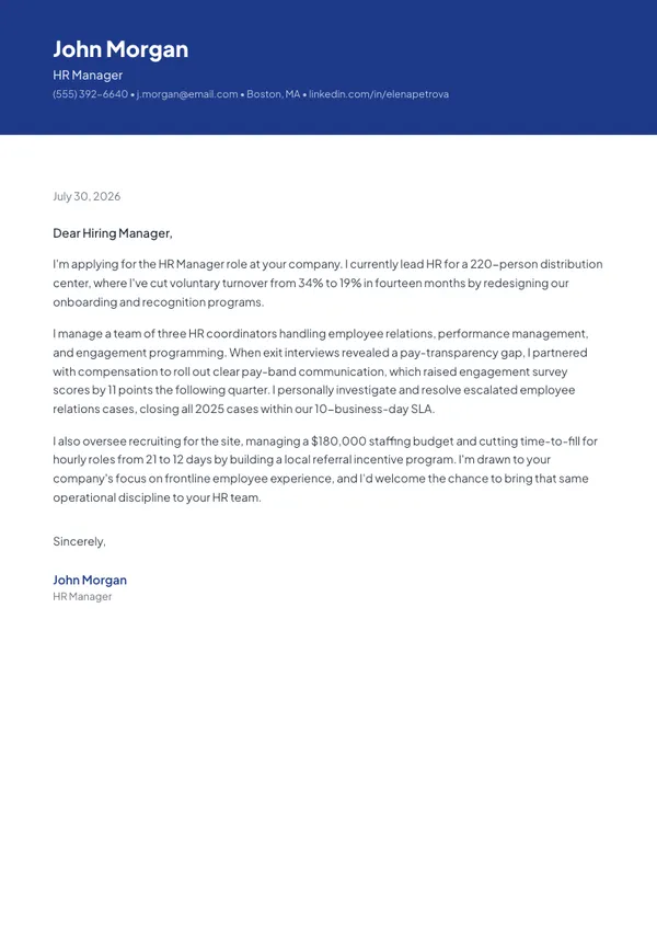 HR Manager cover letter example — full one-page sample