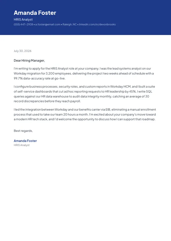 HRIS Analyst cover letter example — full one-page sample
