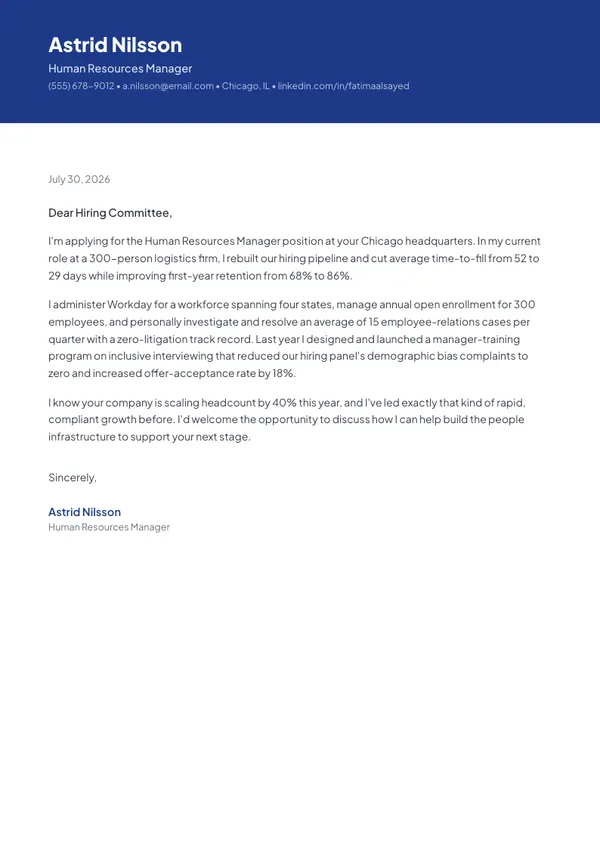 Human Resources Manager cover letter example — full one-page sample