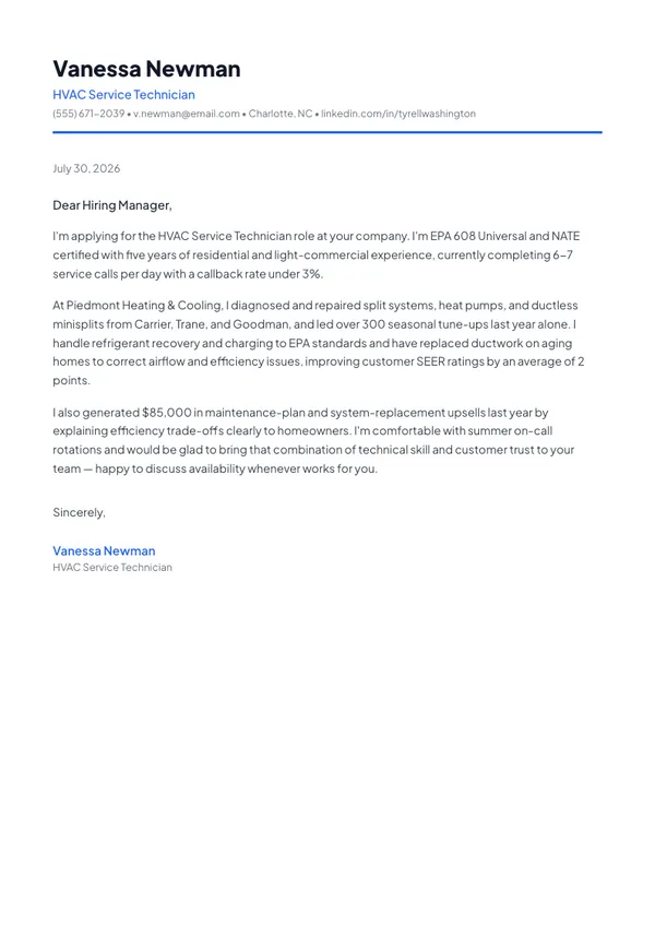 HVAC Technician cover letter example — full one-page sample