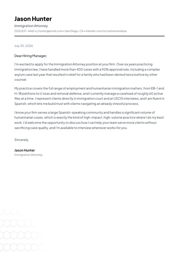 Immigration Attorney cover letter example — full one-page sample