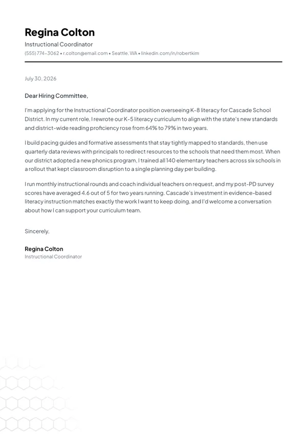 Instructional Coordinator cover letter example — full one-page sample