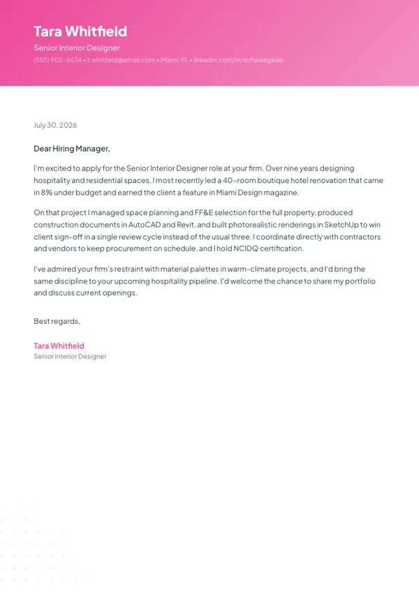 Interior Designer cover letter example — full one-page sample