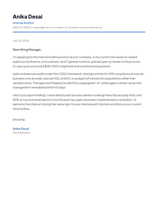 Internal Auditor cover letter example — full one-page sample