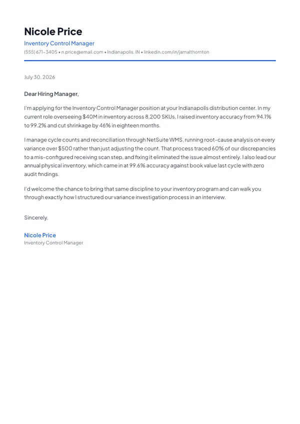Inventory Control Manager cover letter example — full one-page sample