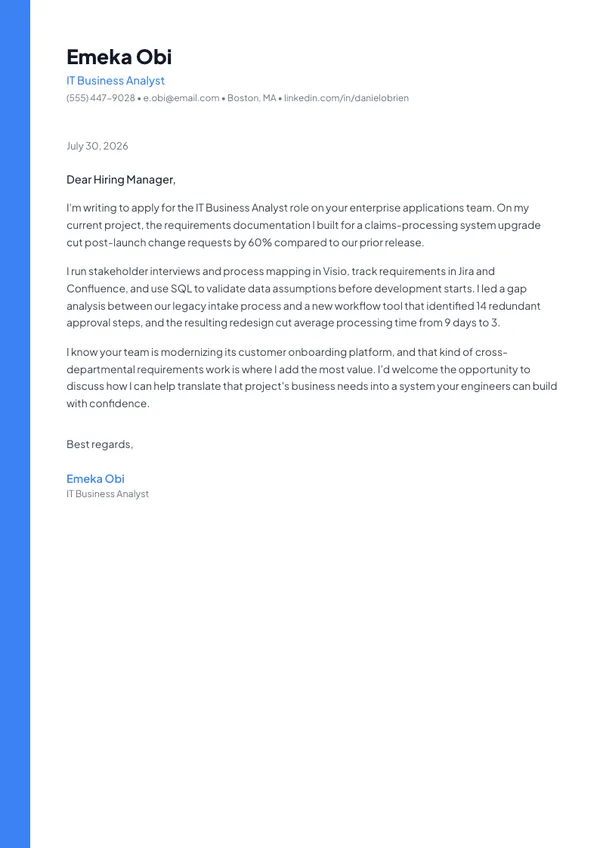 IT Business Analyst cover letter example — full one-page sample