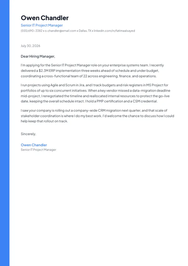 IT Project Manager cover letter example — full one-page sample