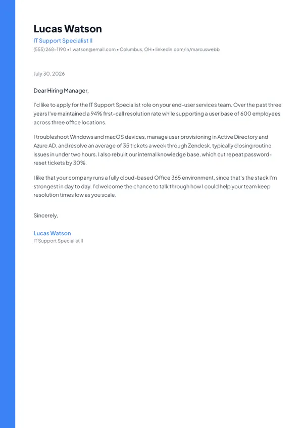 IT Support Specialist cover letter example — full one-page sample