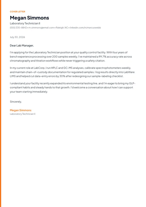 Laboratory Technician cover letter example — full one-page sample