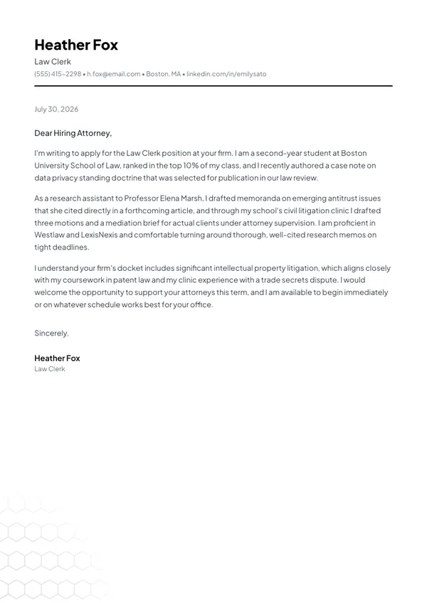 Law Clerk cover letter example — full one-page sample