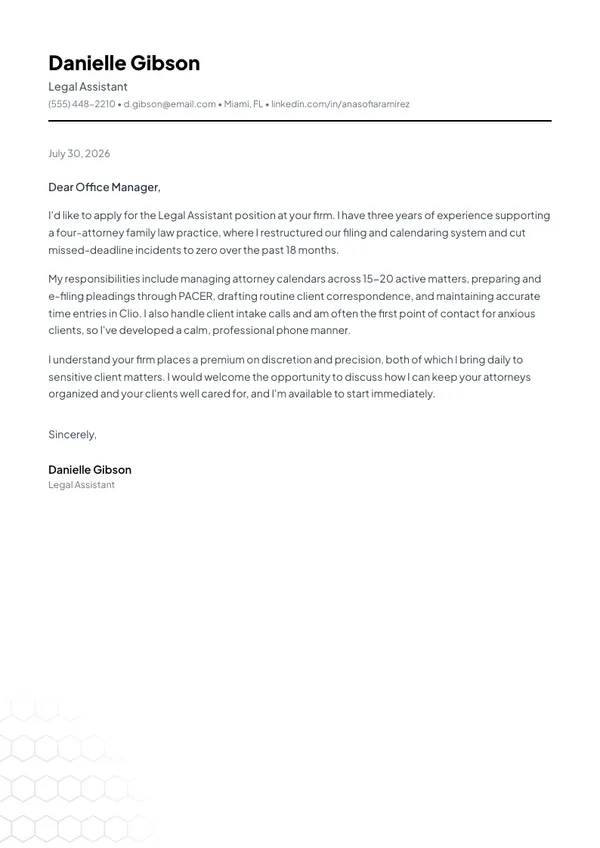 Legal Assistant cover letter example — full one-page sample