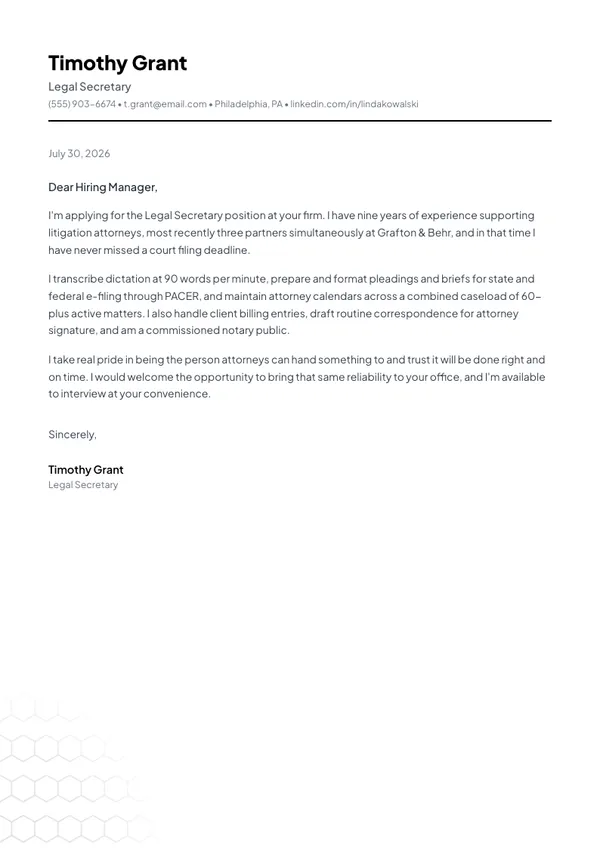 Legal Secretary cover letter example — full one-page sample