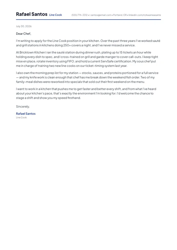 Line Cook cover letter example — full one-page sample