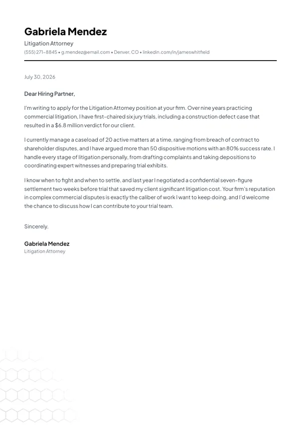 Litigation Attorney cover letter example — full one-page sample