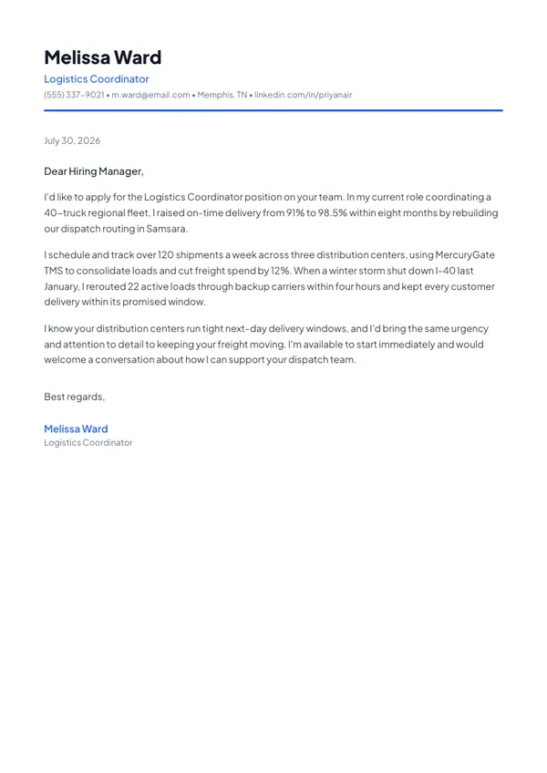 Logistics Coordinator cover letter example — full one-page sample