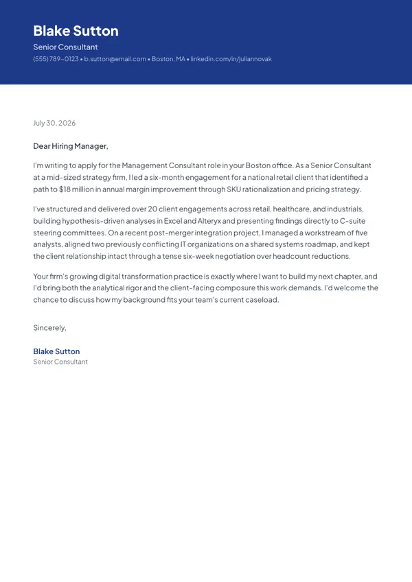 Management Consultant cover letter example — full one-page sample