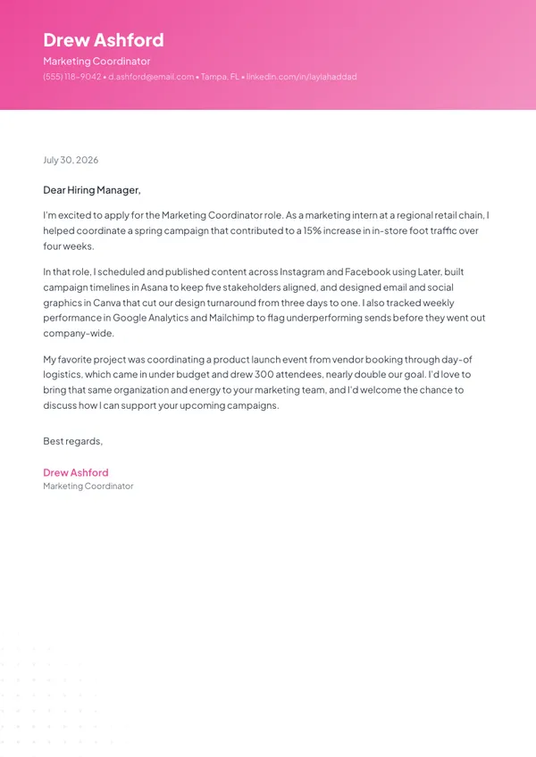 Marketing Coordinator cover letter example — full one-page sample