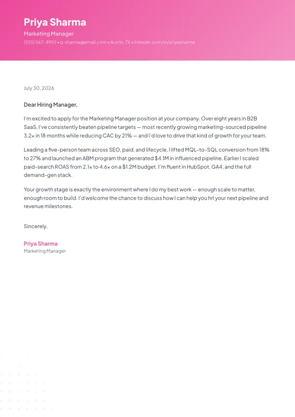Marketing Manager cover letter example — full one-page sample