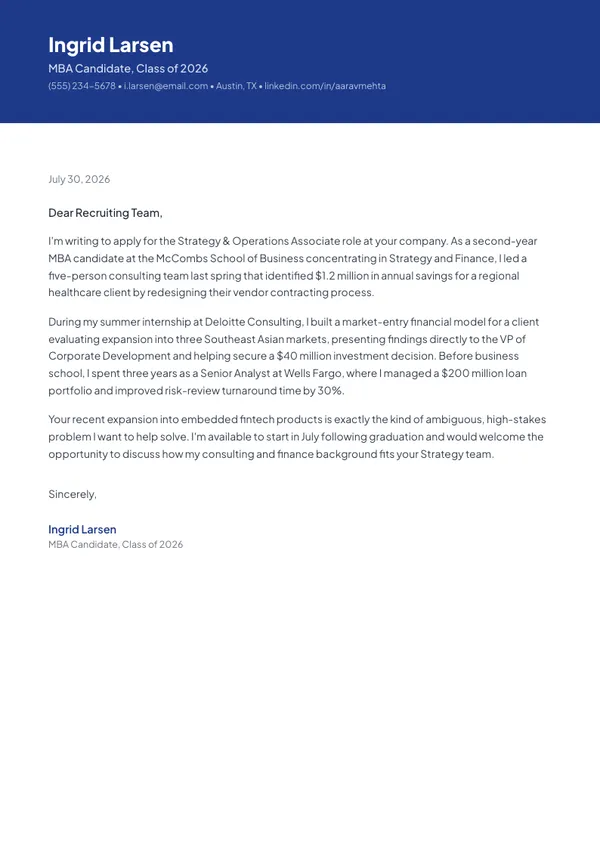MBA / Business Graduate cover letter example — full one-page sample