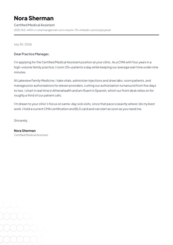 Medical Assistant cover letter example — full one-page sample