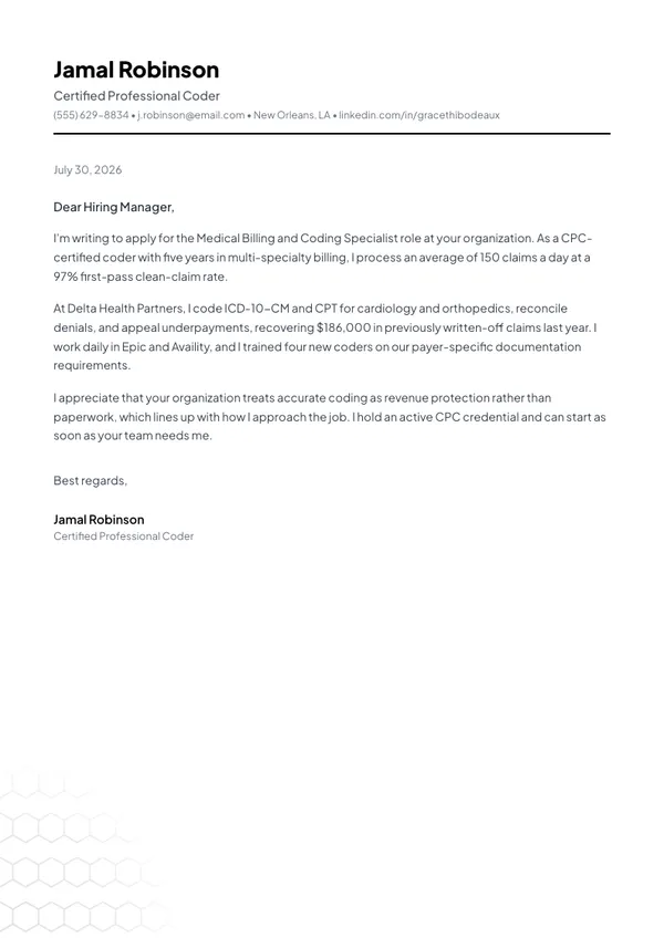 Medical Billing and Coding Specialist cover letter example — full one-page sample