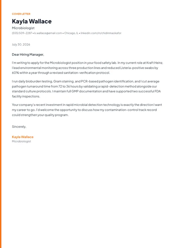 Microbiologist cover letter example — full one-page sample