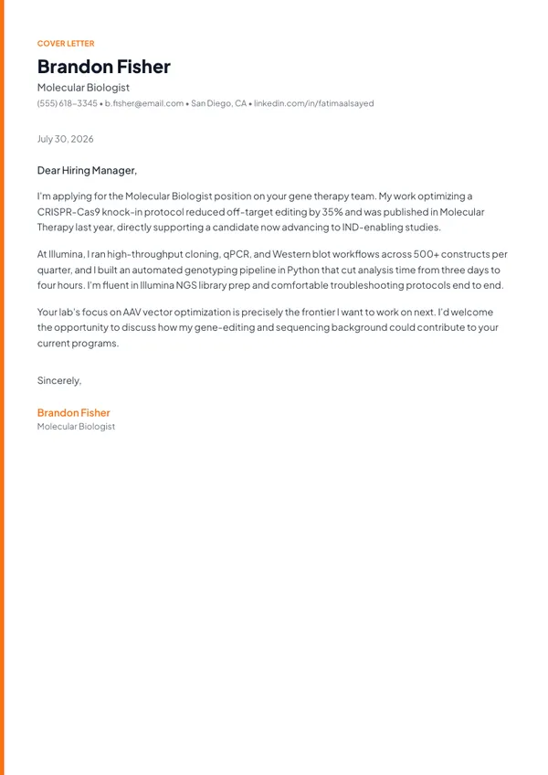 Molecular Biologist cover letter example — full one-page sample